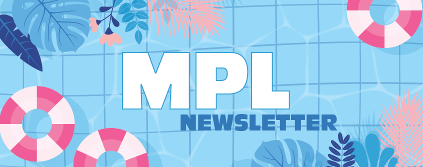 This is a header for the newsletter showing various people using the library along with the libraries logo.
