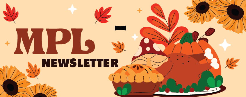 This is a header for the newsletter showing various people using the library along with the libraries logo.