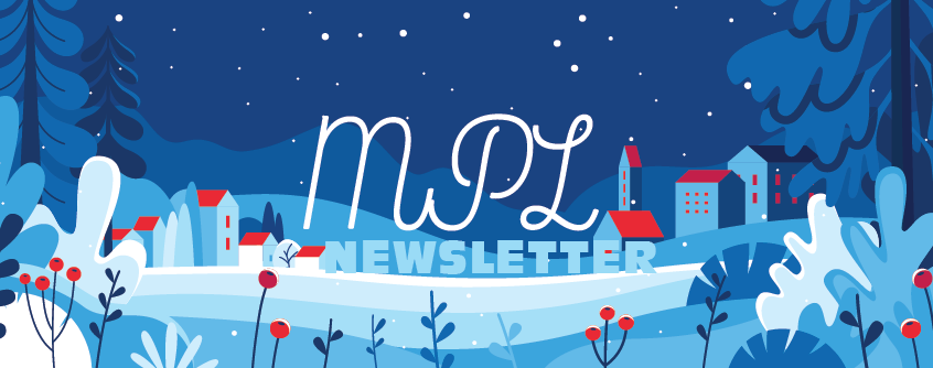 This is a header for the newsletter showing various people using the library along with the libraries logo.