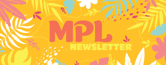 This is a header for the newsletter showing various people using the library along with the libraries logo.