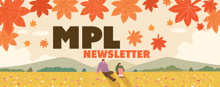 This is a header for the newsletter showing various people using the library along with the libraries logo.