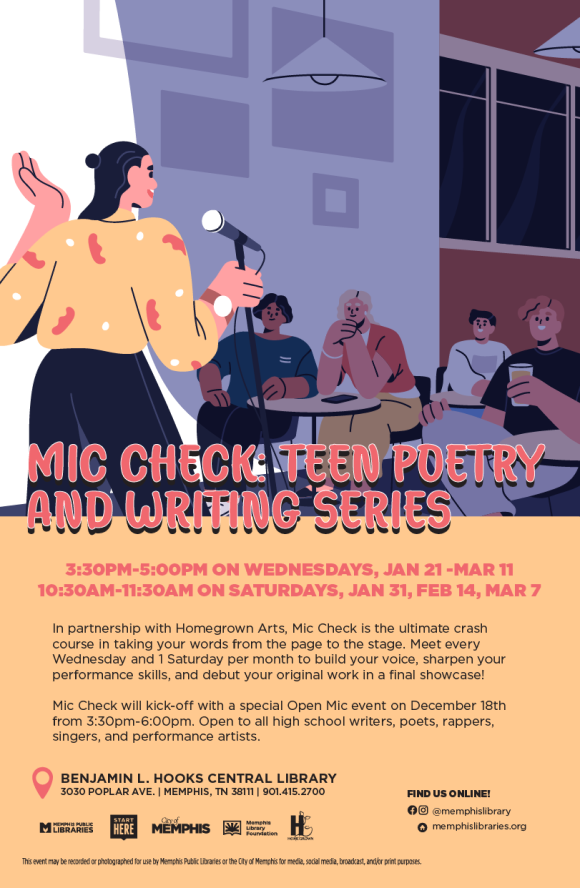 Flyer for Mic Check: Teen Poetry and Writing Series