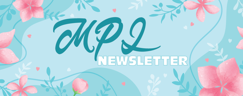 This is a header for the newsletter showing various people using the library along with the libraries logo..