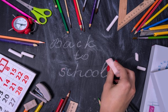 image of school supplies on a chalkboard with back to school chalk outline