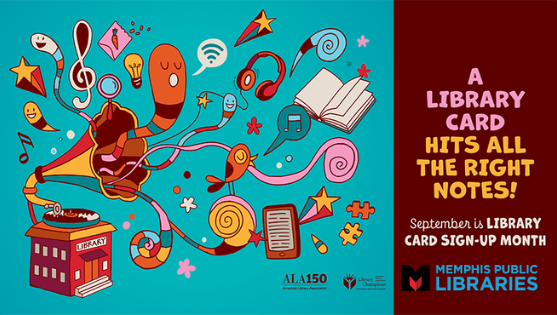 image of library with musical iconography coming out of it with text "a library card hits all the right notes, september is library card sign up month."