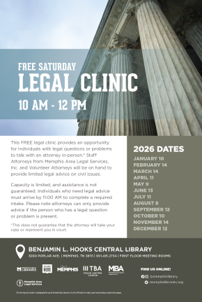 Flyer for Second Saturday Legal Clinic